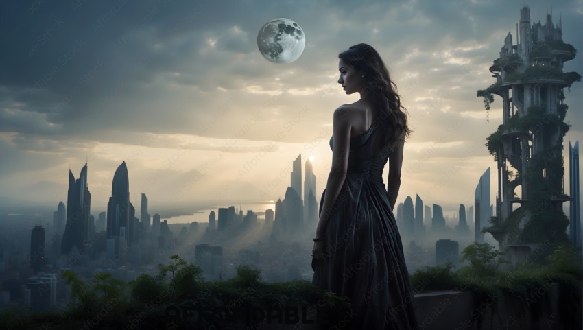 Fantasy Cityscape with Elegant Woman and Full Moon