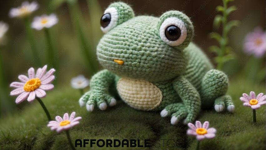 Handmade Crochet Frog Amidst Flowers