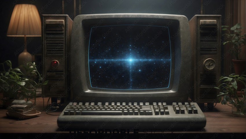 Retro Computer with Space Wallpaper
