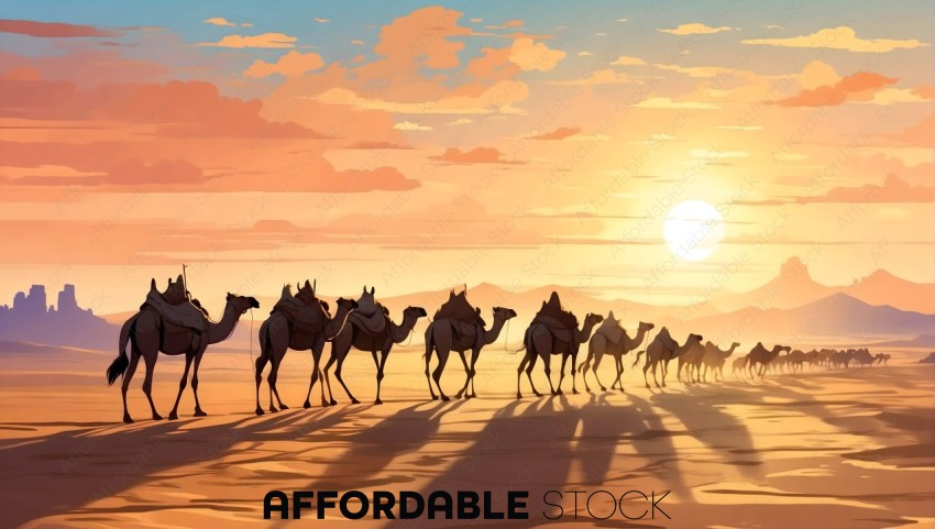 Caravan of Camels at Sunset