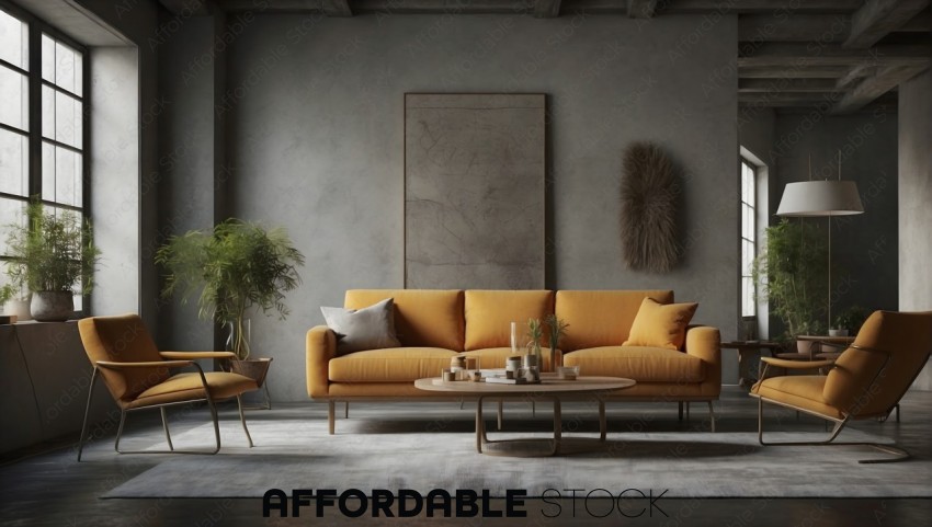 Stylish Modern Living Room with Orange Sofa
