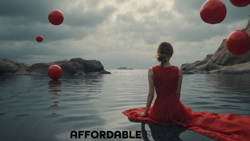 Woman in Red Dress with Floating Red Balloons by Ocean