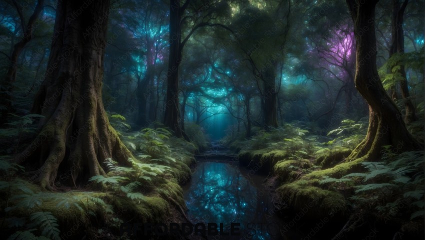 Mystical Forest Scenery with Ethereal Lights
