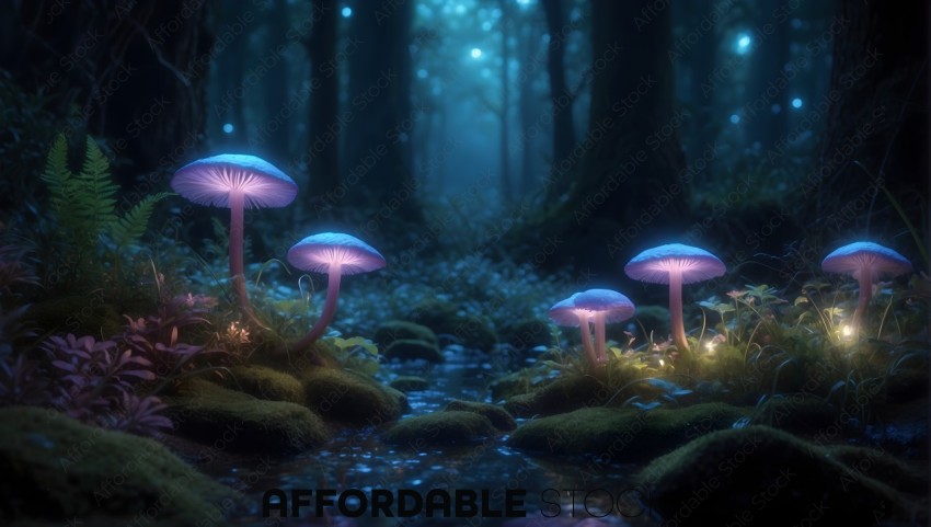 Illuminated Mushrooms in Enchanted Forest