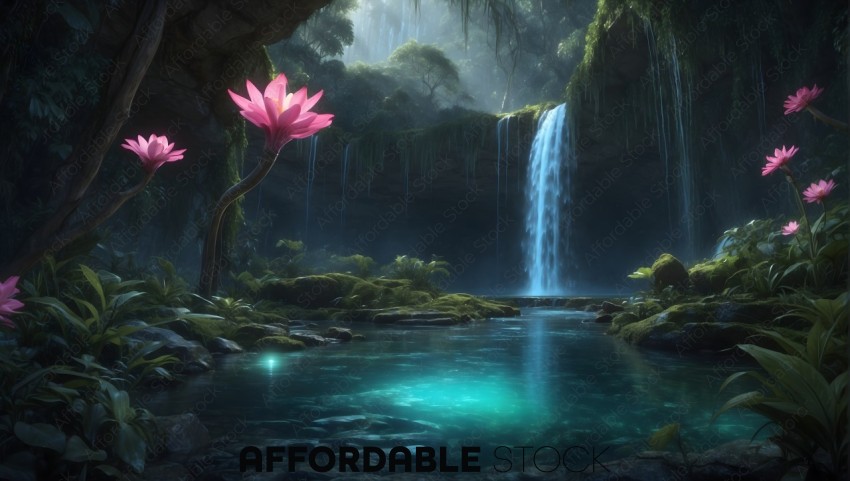 Enchanted Waterfall with Luminous Flowers