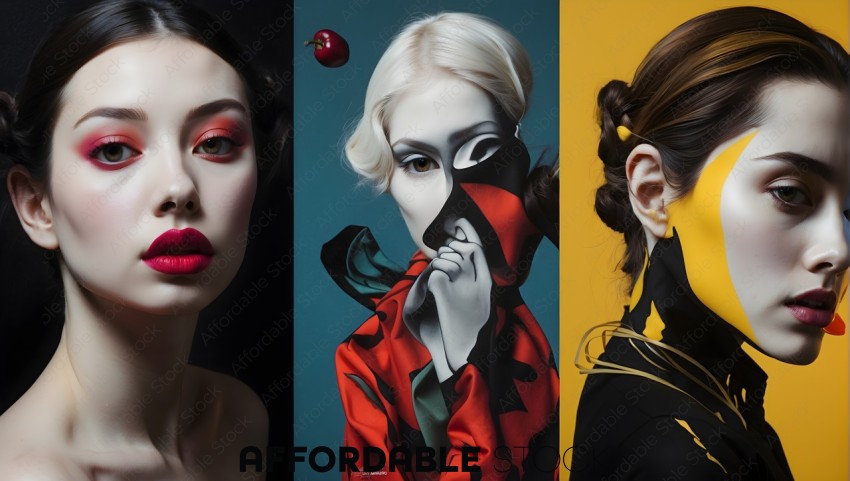 Artistic Portrait Triptych with Bold Makeup
