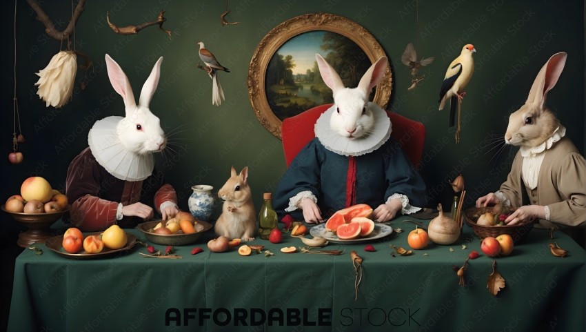 Rabbits in Traditional Dutch Clothing with Fruits and Birds