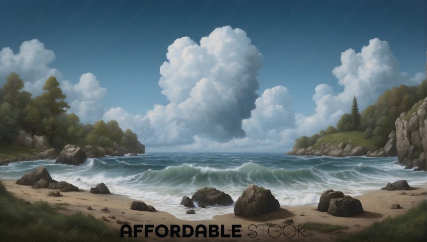 Serene Beach Landscape with Fluffy Clouds