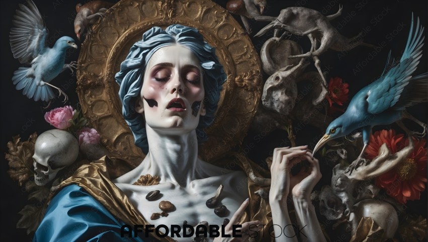 Baroque-Inspired Surreal Portrait with Birds and Skulls
