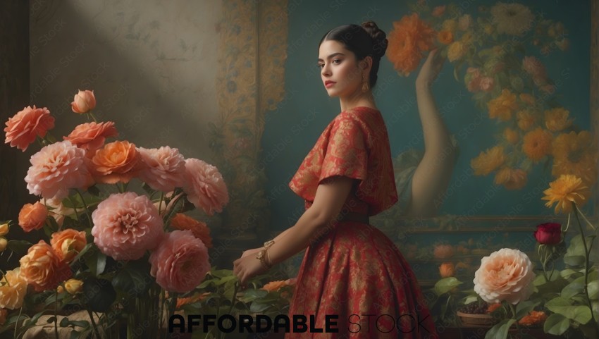 Elegant Woman with Classical Floral Arrangement