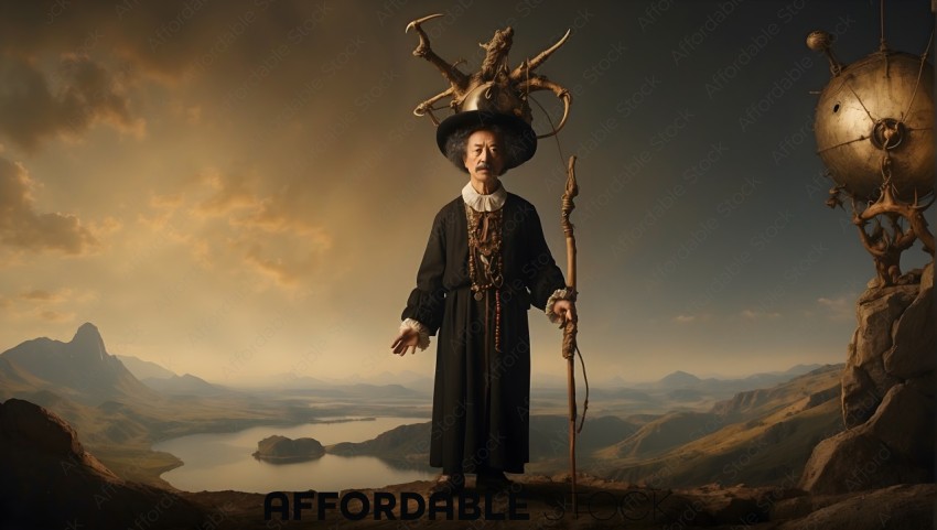 Mystical Sorcerer with Staff Overlooking Mountainous Landscape