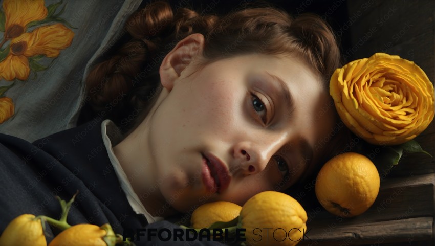 Serene Portrait with Lemons and Yellow Flower