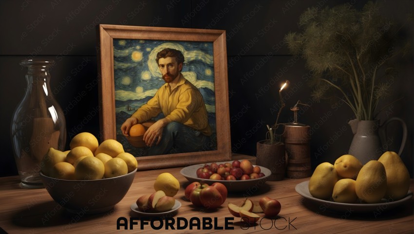 Still Life with Van Gogh Inspired Painting and Fruit