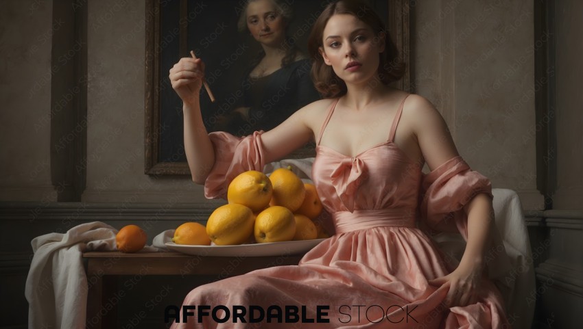 Elegant Woman in Vintage Dress with Lemons