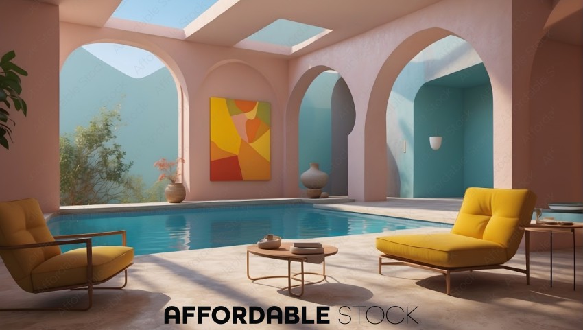 Modern Lounge with Pool and Geometric Art