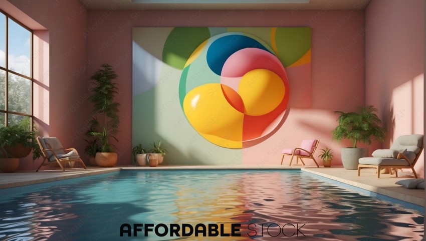 Modern Indoor Pool with Colorful Abstract Wall Art