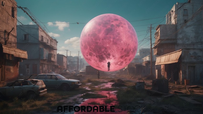 Surreal Urban Scene with Giant Moon