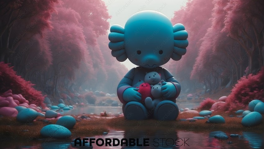 3D Character Holding Teddy Bears in Surreal Forest Landscape