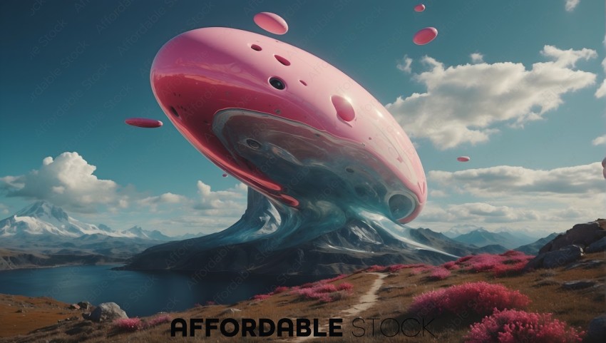 Futuristic Pink Alien Structure in Mountain Landscape