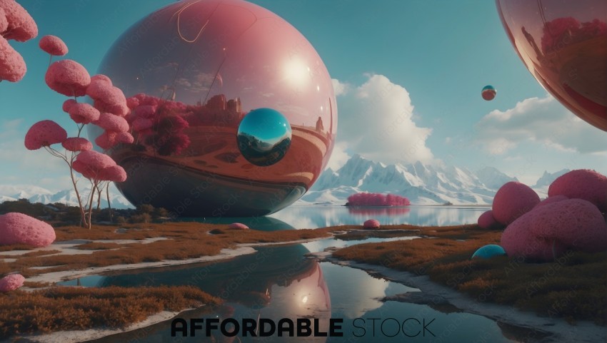 Surreal Landscape with Glossy Spheres and Pink Trees