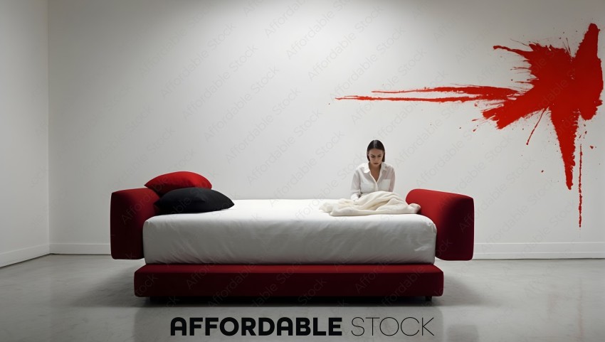 Woman Sitting on Bed with Red Stain on Wall