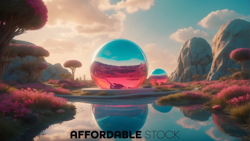 Futuristic Fantasy Landscape with Reflective Spheres