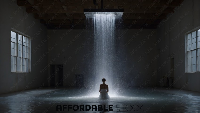 Woman Under Indoor Waterfall