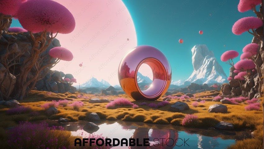 Futuristic Fantasy Landscape with Pink Trees and Reflective Sphere