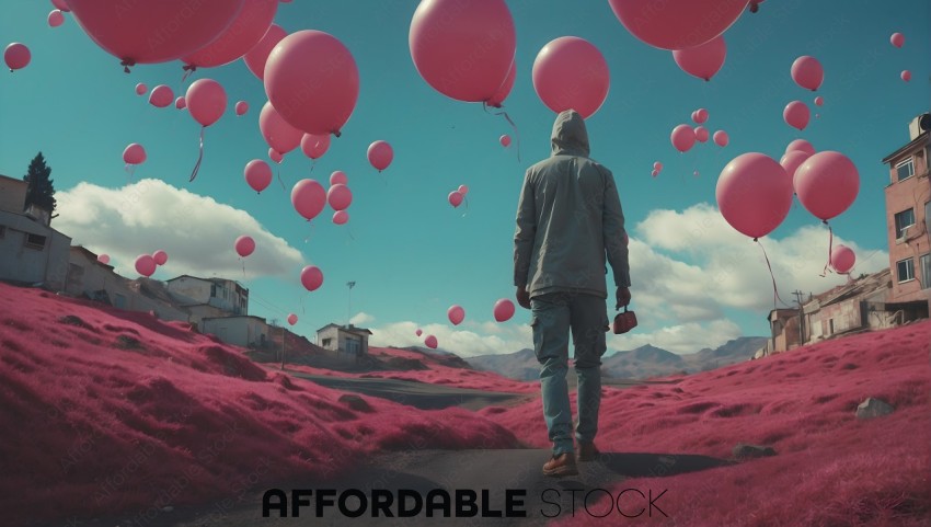 Man Walking with Balloons in Surreal Landscape