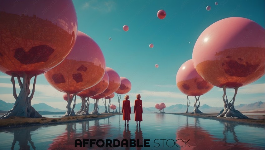 Surreal Landscape with Red Balloon Trees and Female Figures