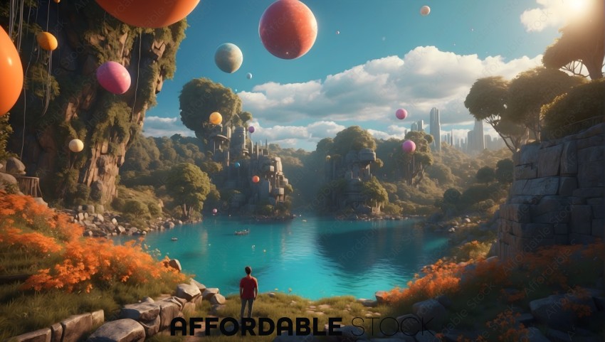 Fantasy Landscape with Floating Balloons and Castle