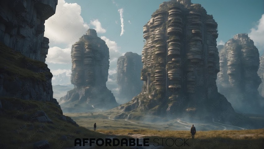 Futuristic Towering City Structures with Wandering Figures