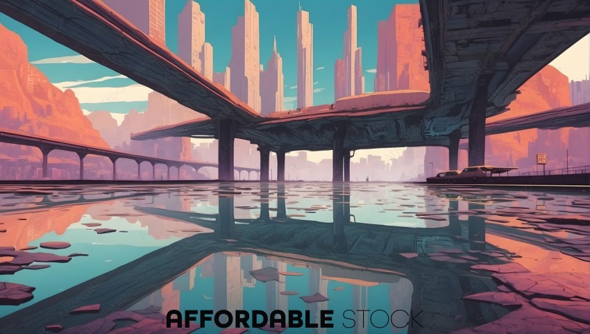 Futuristic Cityscape with Overpass Reflection