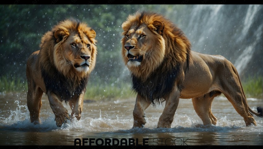Two Male Lions Roaring in Shallow Water