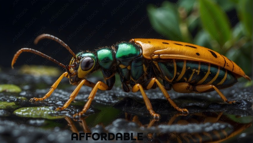 Macro Shot of Colorful Beetle on Wet Leaves