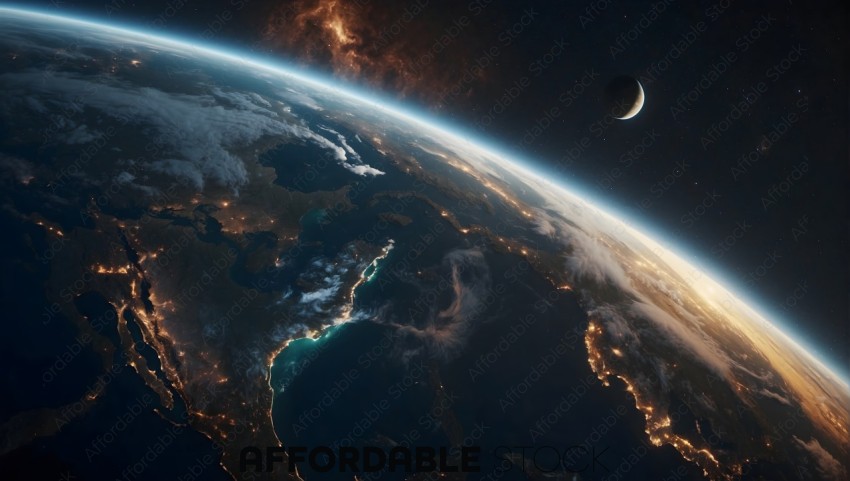 Stunning View of Earth from Space with Crescent Moon