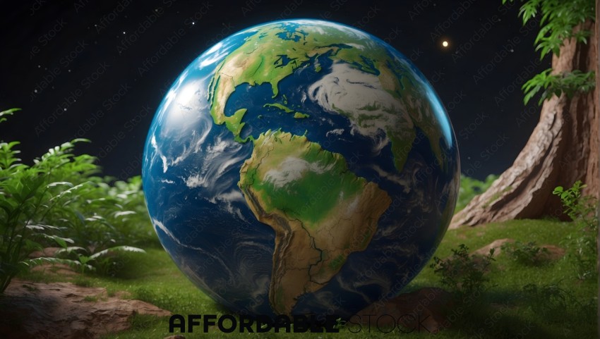 Glossy Earth Globe on Grass with Night Sky Background