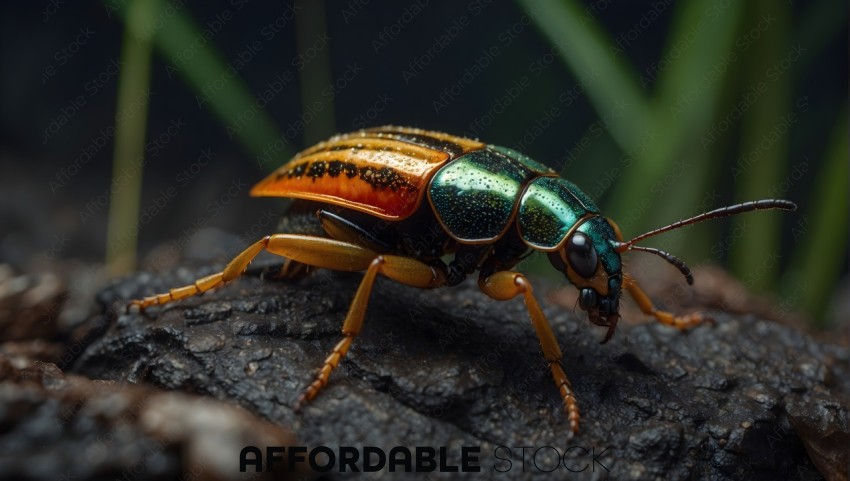 Close-up of Vibrant Beetle on Bark