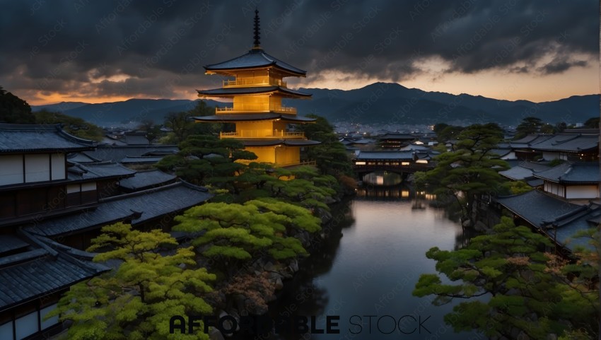 Twilight over Traditional Japanese Pagoda and Gardens