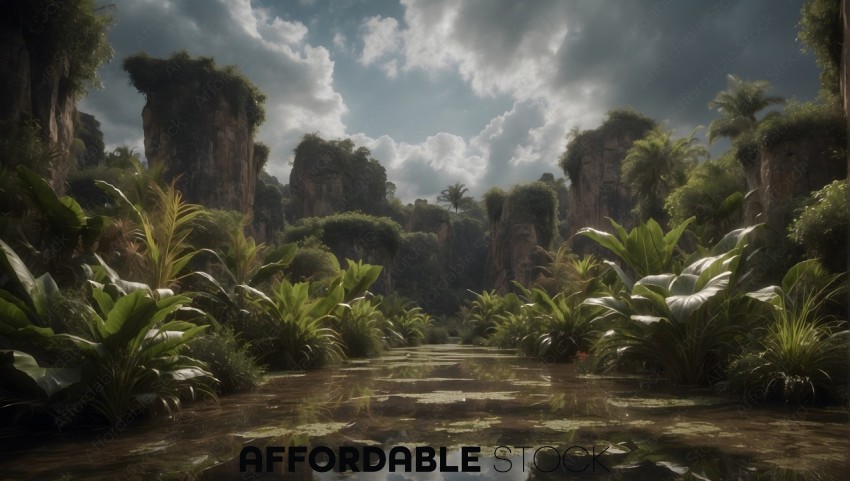 Tranquil Jungle Waterway with Lush Vegetation