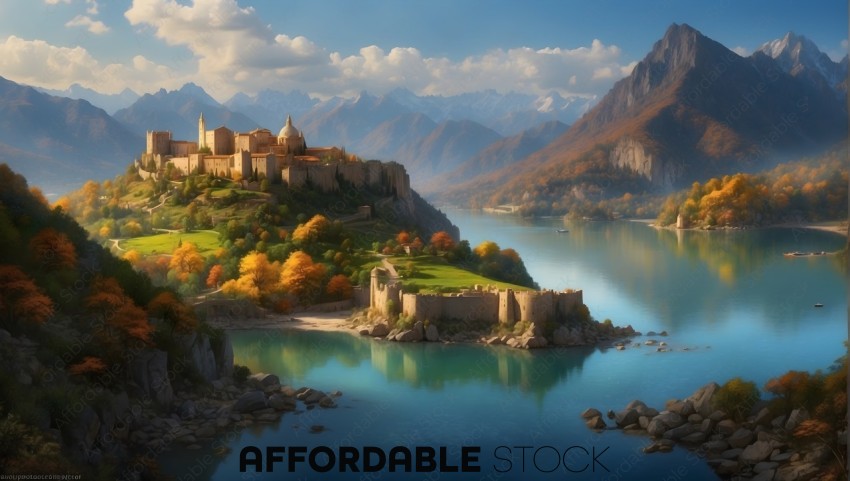 Autumn Castle Scenery by Lake