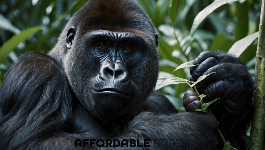 Thoughtful Gorilla Holding Leaf in Natural Habitat