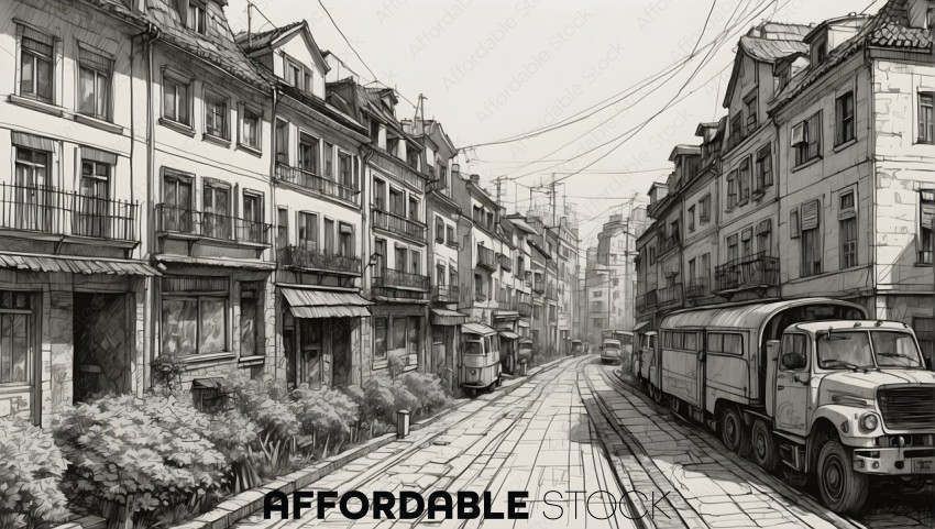 Sketch of Urban Street with Tram and Vintage Truck