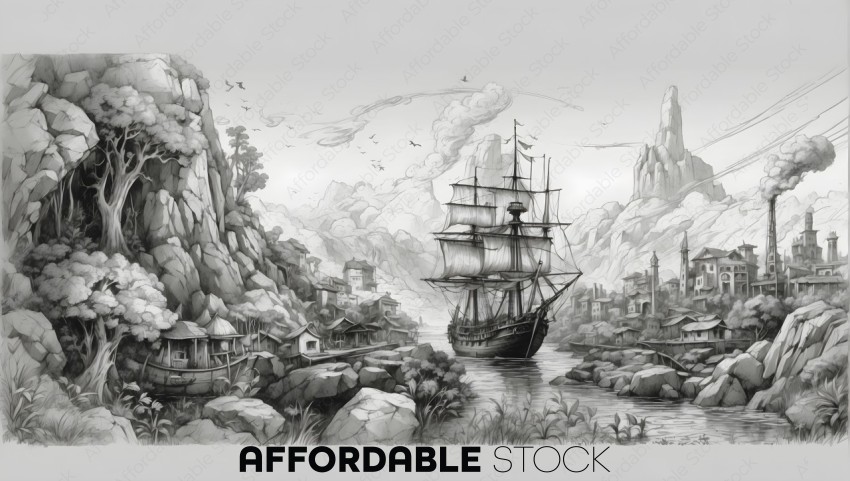 Black and White Nautical Adventure Illustration