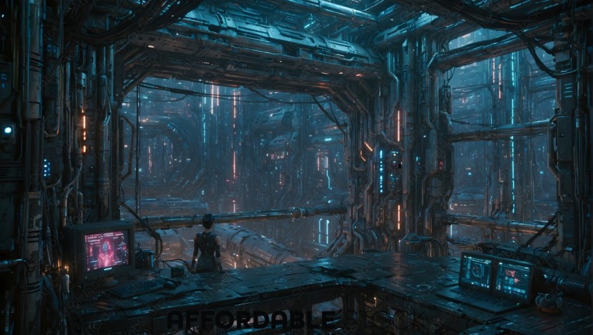 Futuristic Sci-Fi Interior with Figure at Control Panel