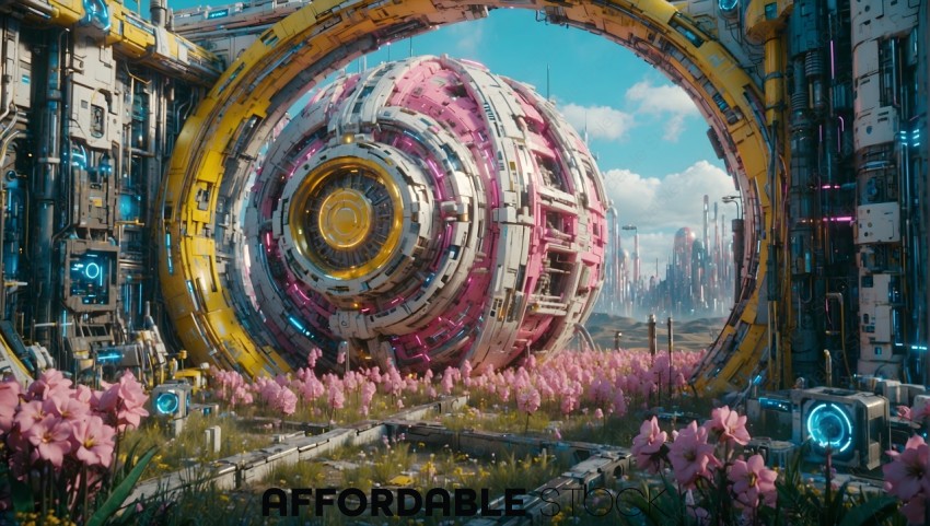 Futuristic Spherical Megacity Structure Amidst Pink Flowers