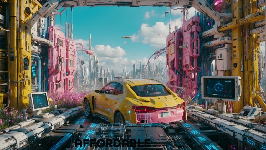 Futuristic Yellow Car in Cyberpunk Cityscape