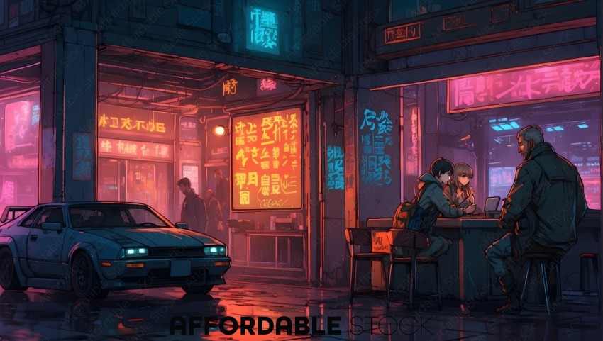 Cyberpunk Cityscape with Diners and Vintage Car
