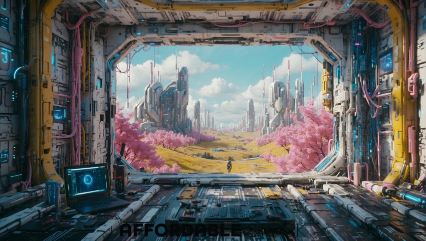 Futuristic City View Through Spaceship Door