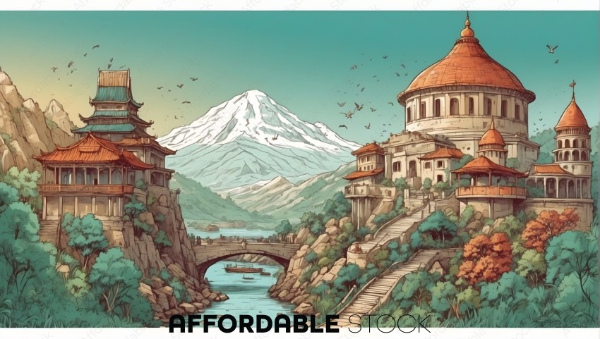 Illustrated Asian Pagoda Landscape with Mountain Backdrop